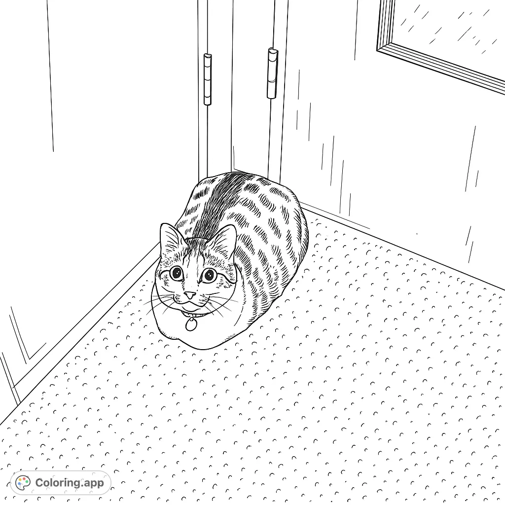 A charming cat sits patiently in a cozy corner, inviting you to add vibrant personality to its patterned fur and observant gaze. A delightful cat coloring page.