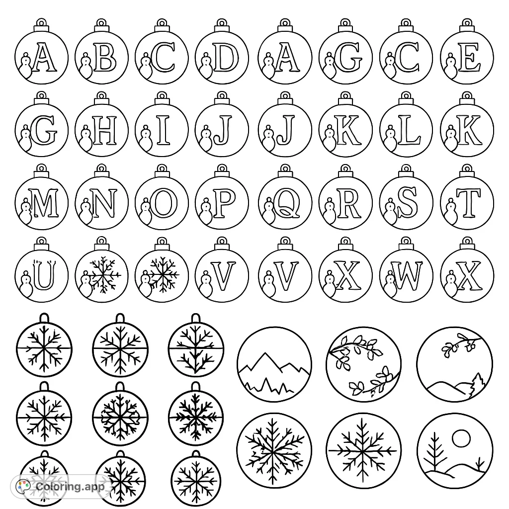 A delightful collection of simple winter-themed circular ornaments, featuring the alphabet A-Z and various snowflake designs. Perfect for easy, festive coloring.
