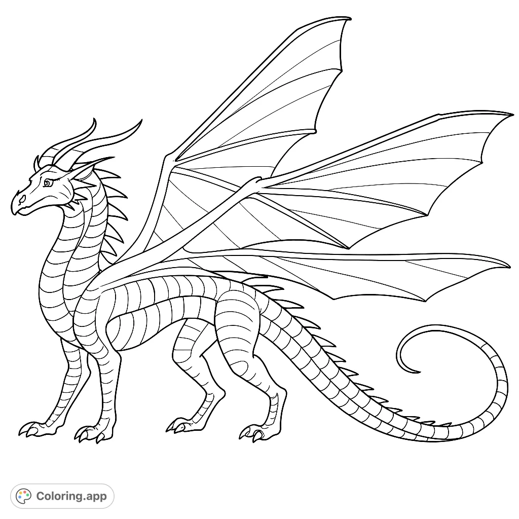 Unleash your creativity on this detailed insectoid dragon coloring page. Featuring intricate scales, majestic horns, and delicate, veined wings, it offers a captivating challenge.