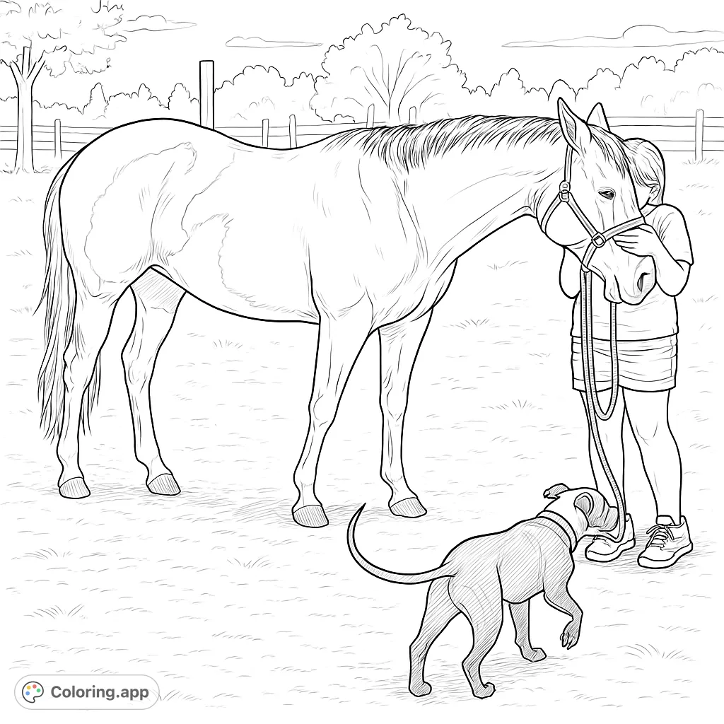 An idyllic coloring page showing a horse with unique markings, a person, and an active dog in a pastoral setting. Perfect for animal lovers.