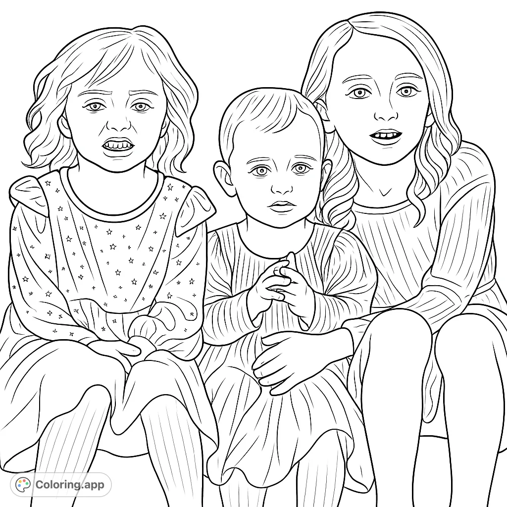 A heartwarming coloring page featuring three children in festive attire, with intricate star patterns on their dresses, ready for creative expression.