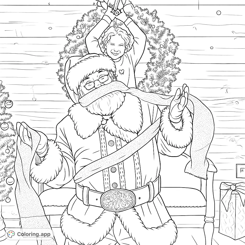 A whimsical scene capturing a child's mischievous moment with a jolly character, surrounded by festive decorations. Perfect for holiday cheer!