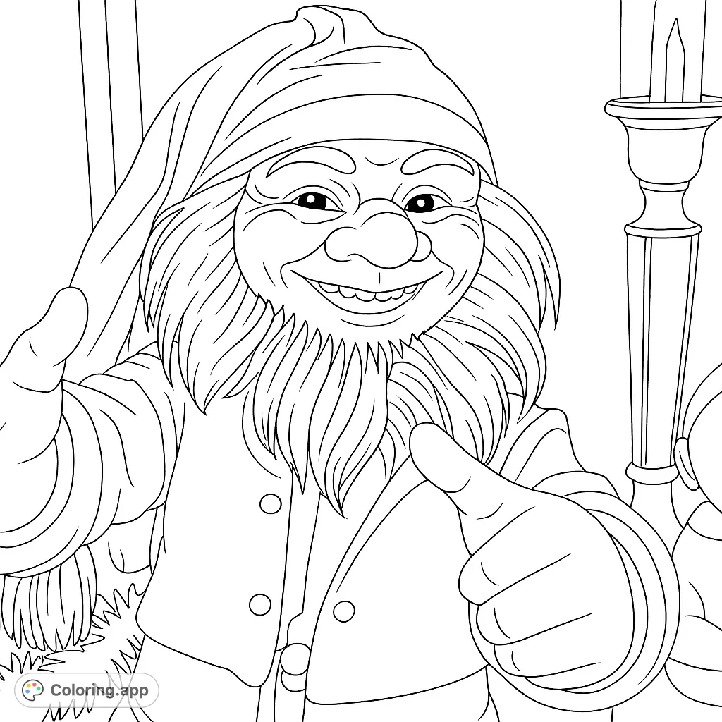 A cheerful gnome with a big smile and thumbs up, featuring a long beard, pointed cap, and festive details. Perfect for holiday coloring fun!