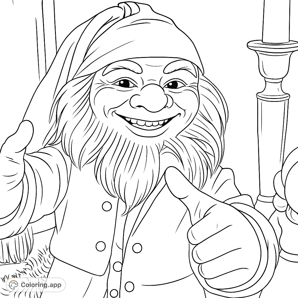 A delightful gnome with a big smile and thumbs up, ready to spread cheer. Perfect for holiday fun, this festive character offers a whimsical coloring experience for all.