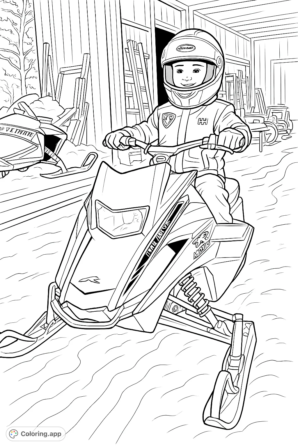 A cheerful child in a helmet sits on a sleek snowmobile, ready for a snowy adventure. A fun winter sports coloring page for all ages.