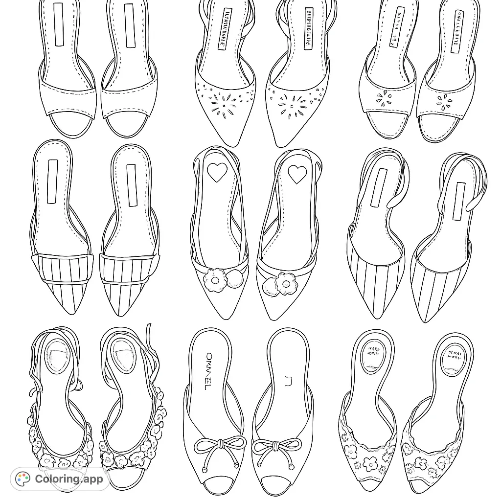 A stylish collection of diverse women's shoes, featuring intricate details, unique patterns, and various heel styles, perfect for fashion enthusiasts to color.
