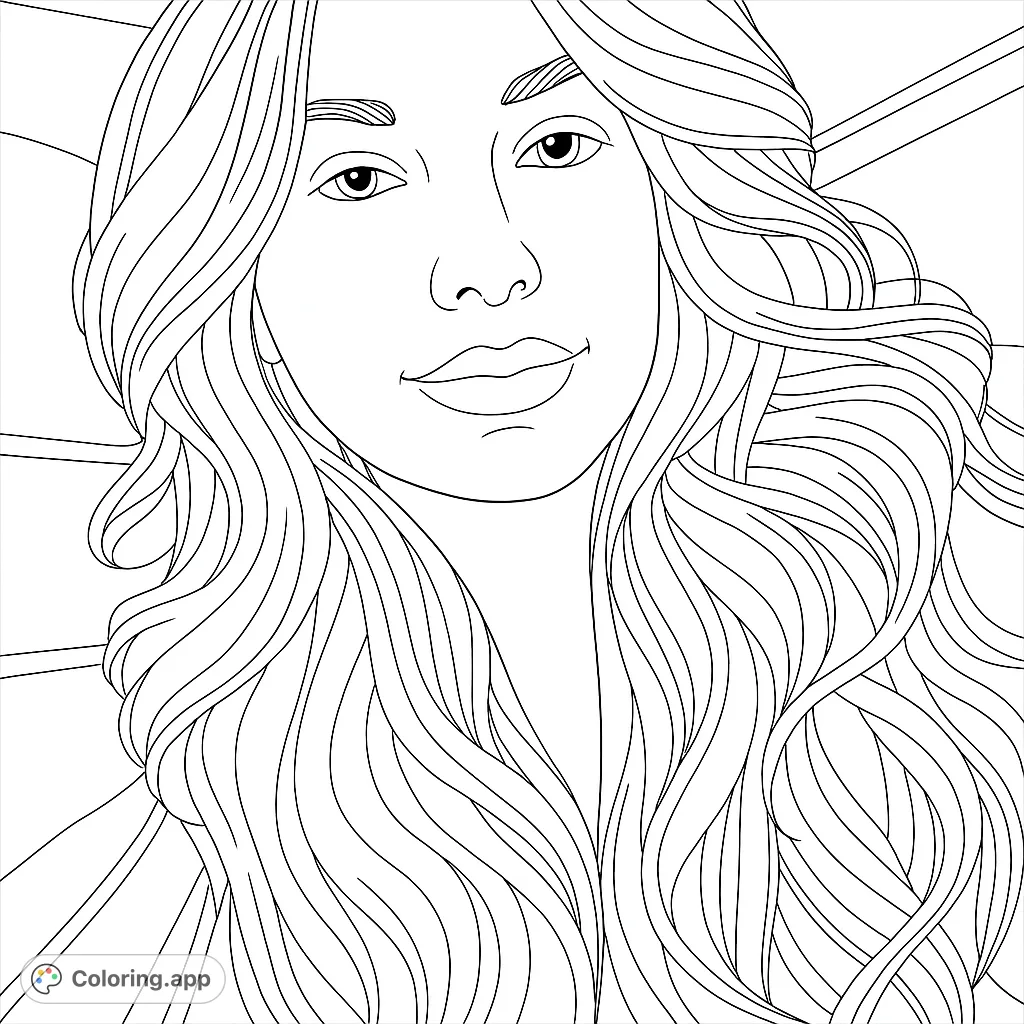 Capture the serene beauty of a woman with flowing, wavy hair and a gentle expression. A captivating portrait coloring page for creative minds.