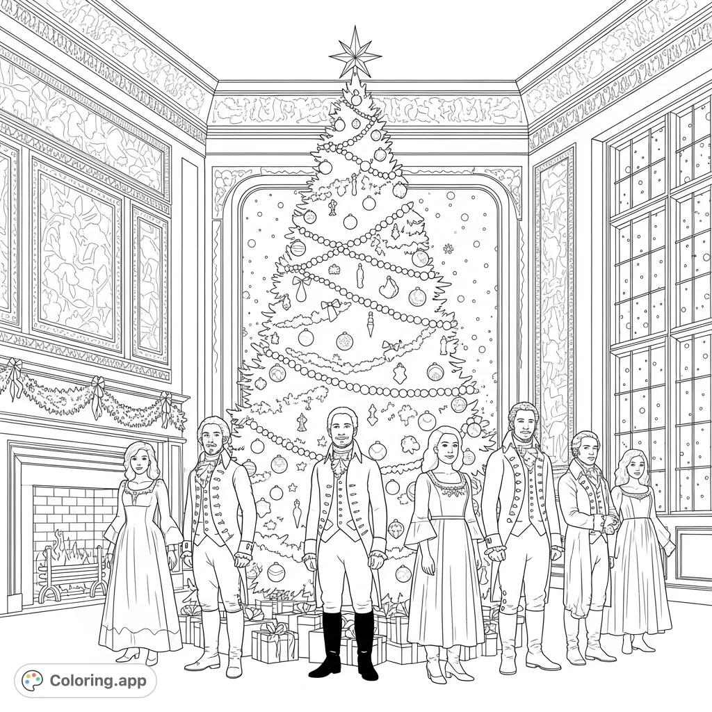 Iconic Hamilton characters celebrate Christmas around a magnificent, ornate tree in a lavish historical hall, blending theatrical history with festive joy.