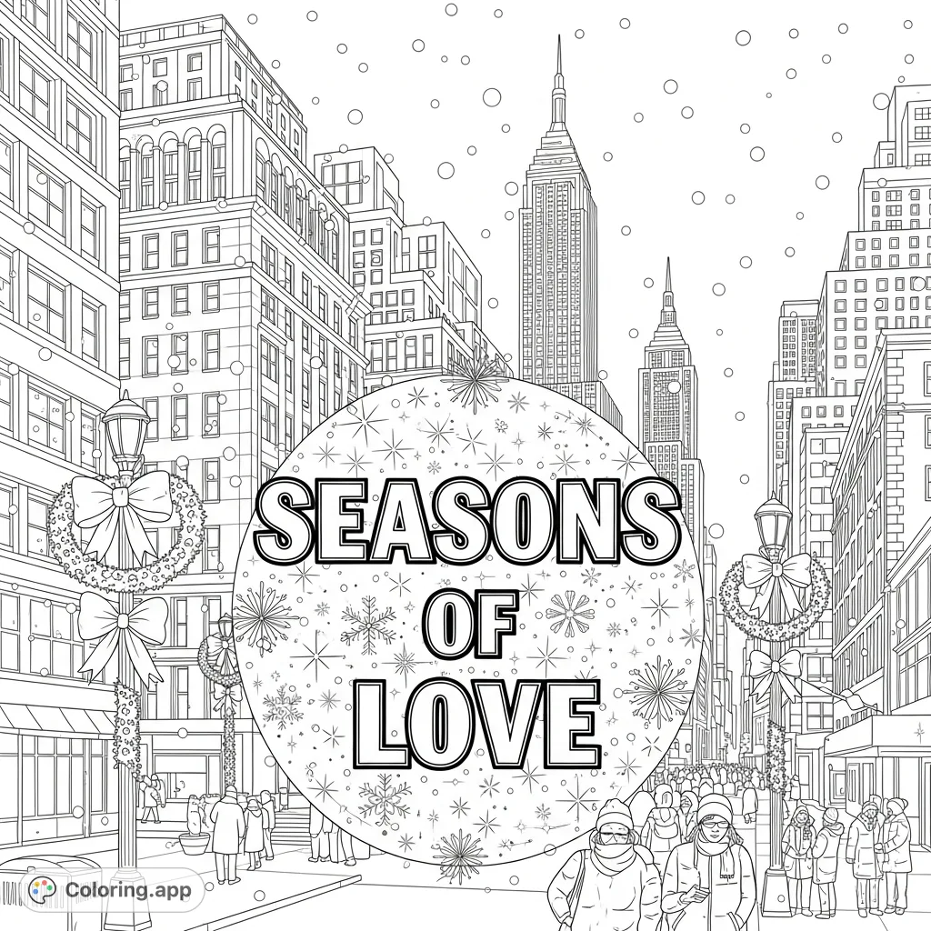 Capture the spirit of a New York Christmas with the iconic "SEASONS OF LOVE" text, snowy cityscapes, festive decorations, and bundled figures.