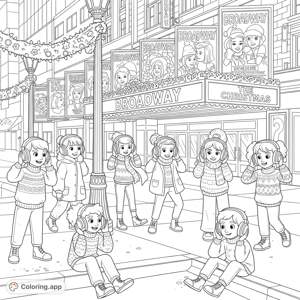 An exciting urban Christmas scene where diverse kids with over-ear headphones are immersed in music, surrounded by festive decorations and iconic Broadway posters.