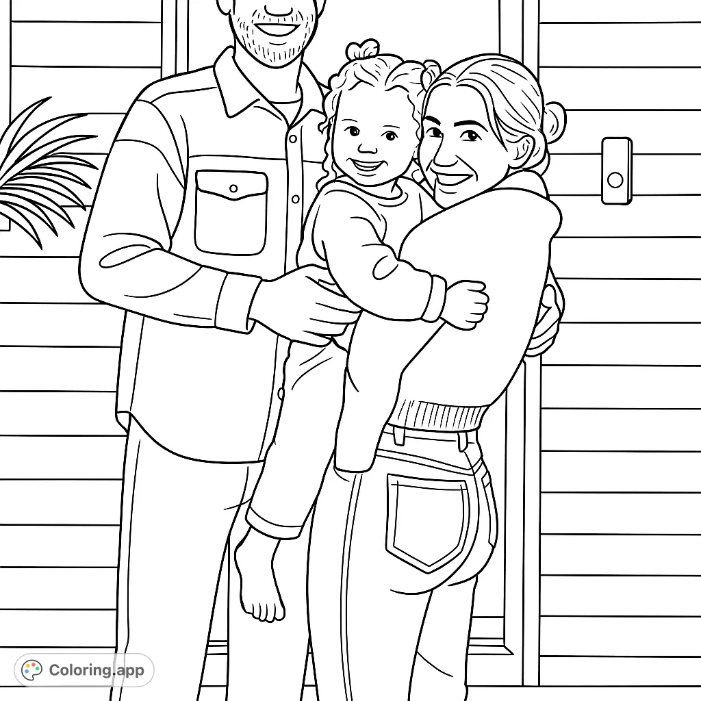 A heartwarming family scene with a man, woman, and child smiling, perfect for a family coloring page. Enjoy creative time with this simple design.