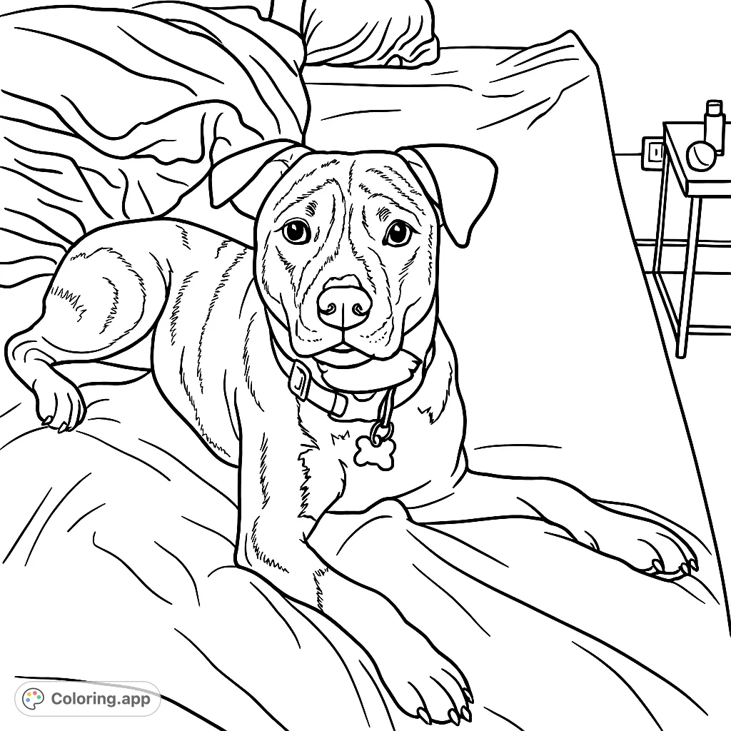 A charming brindle dog with distinctive markings lies attentively on a bed. This free printable dog coloring page offers a relaxing and creative experience for all ages.