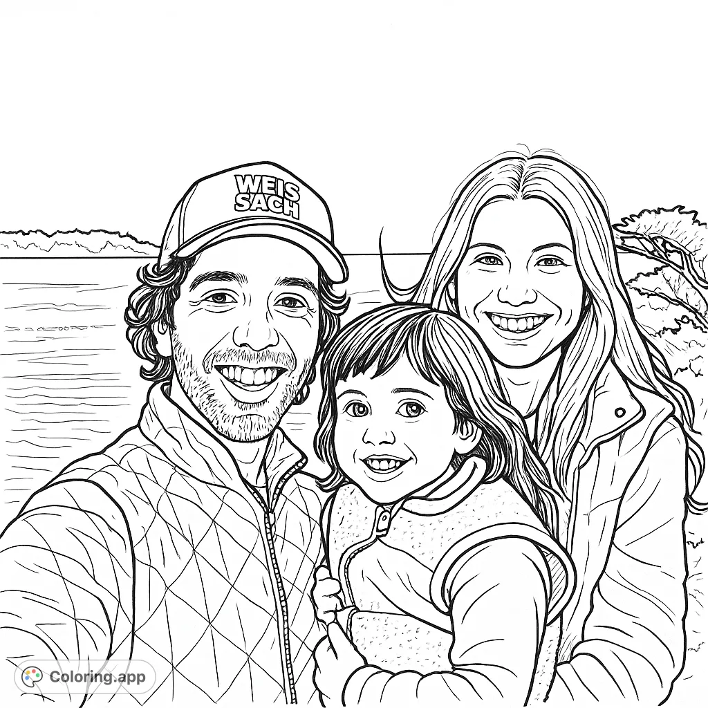 A heartwarming family selfie by the coast with a beautiful sky. Capture joy and scenic beauty in this free printable coloring page for all ages.