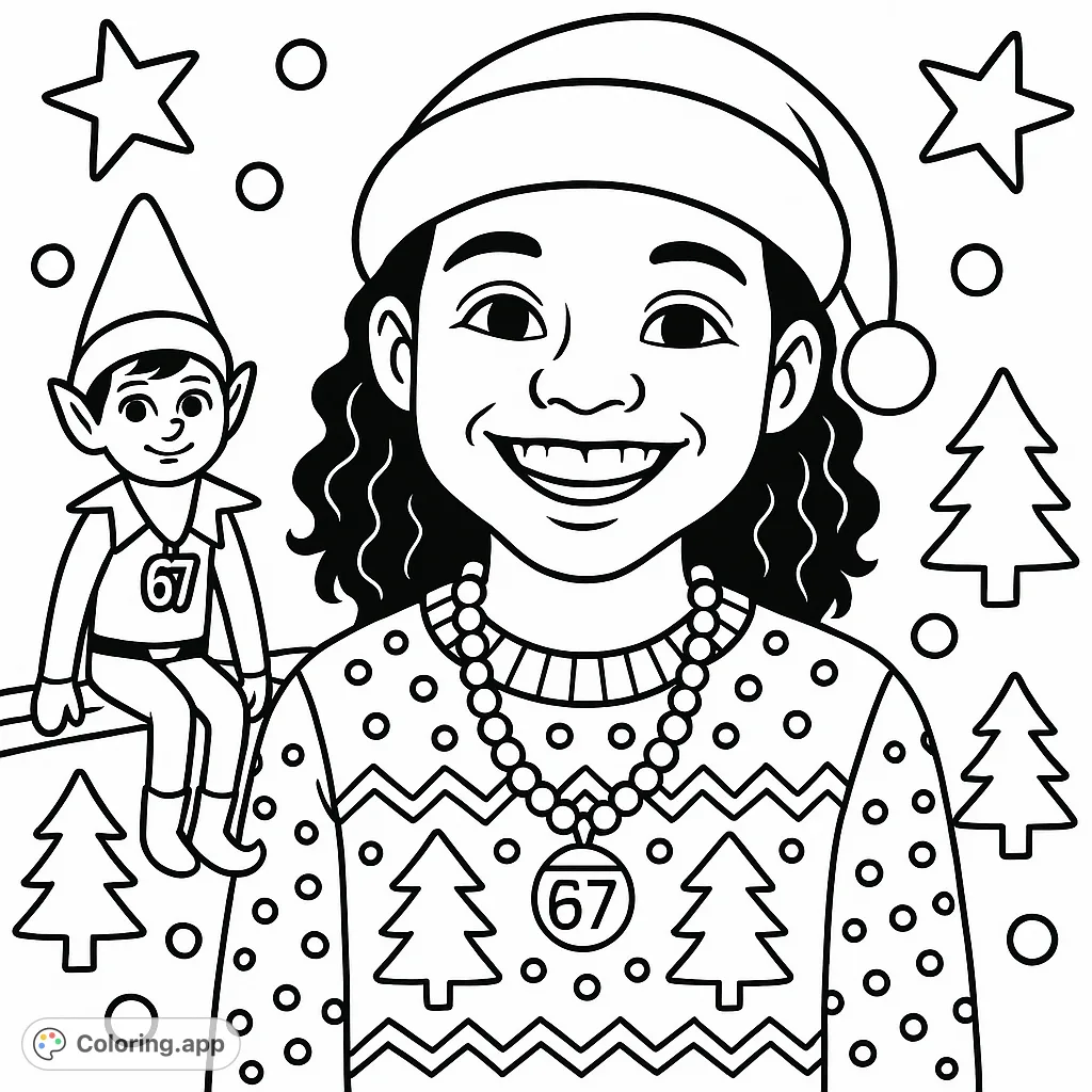 A charming Christmas coloring page of a smiling boy in a festive sweater and an elf on the shelf with a '67' necklace, set against a cheerful holiday background.