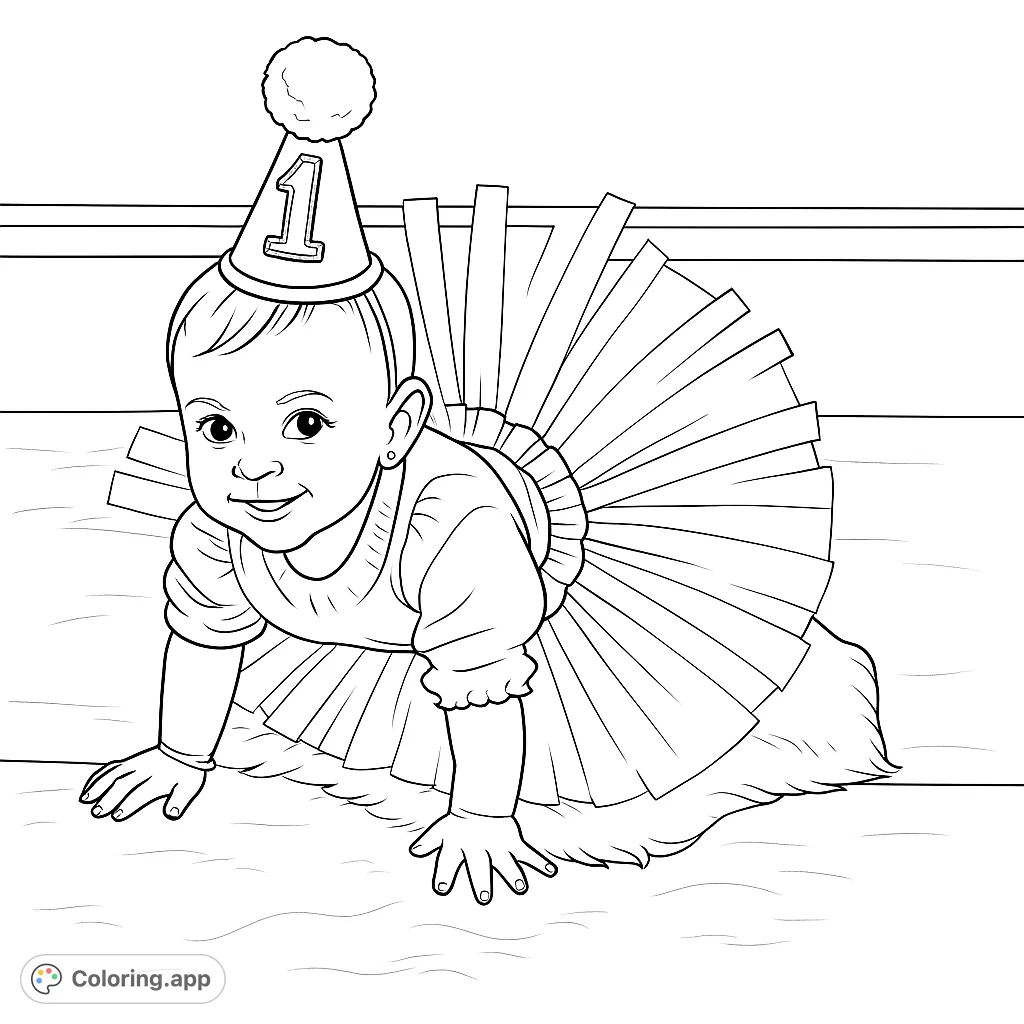 A delightful baby in a party hat and tutu smiles while crawling. Celebrate a special milestone with this adorable and charming first birthday coloring page.