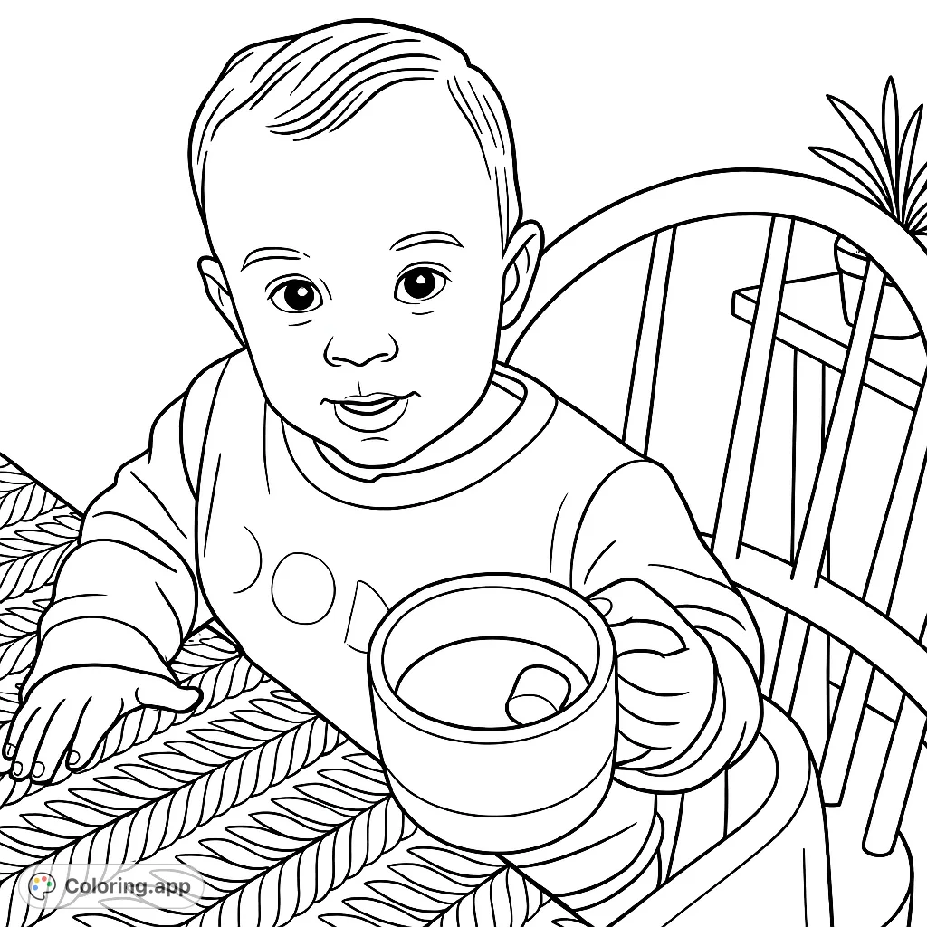 A heartwarming baby with a sweet smile, holding a cozy mug with treats. This adorable coloring page captures a moment of childhood joy, perfect for all ages.