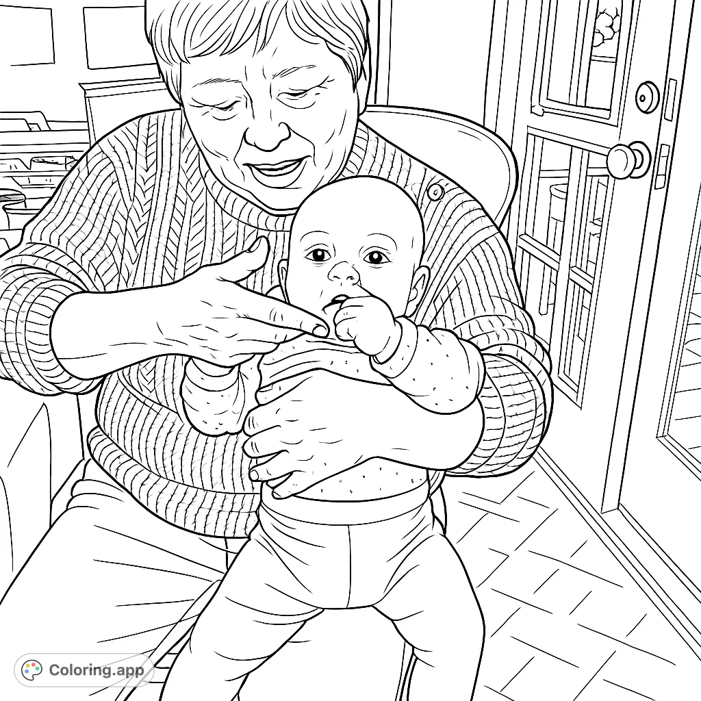 A tender moment between an older person and a baby, sharing a simple interaction, perfect for a cozy family coloring page.