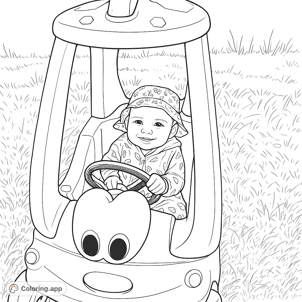 A delightful baby in a charming toy car, perfect for little hands and big imaginations. Enjoy coloring the smiling infant, patterned hat, and fun vehicle.