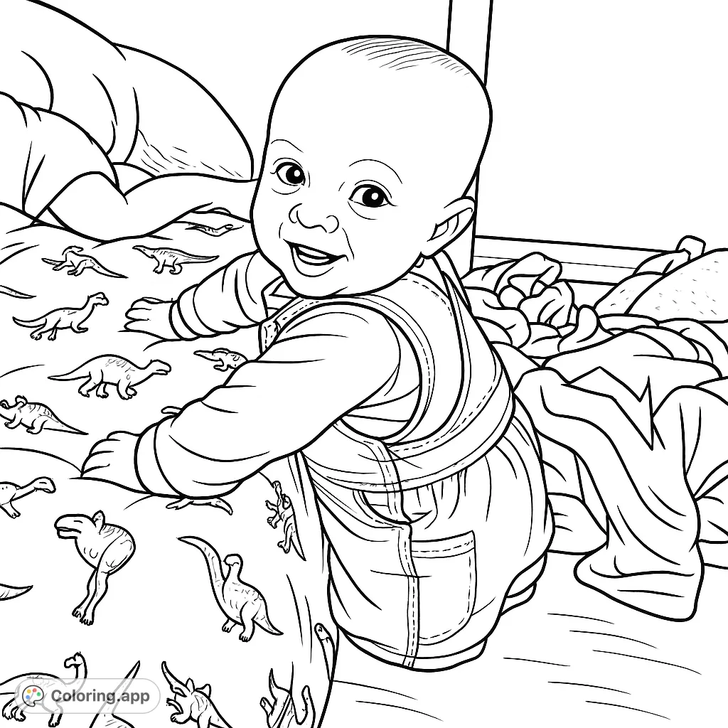Capture the joy of a smiling baby in overalls, playfully leaning on a dinosaur-patterned bed. A delightful scene for all ages.