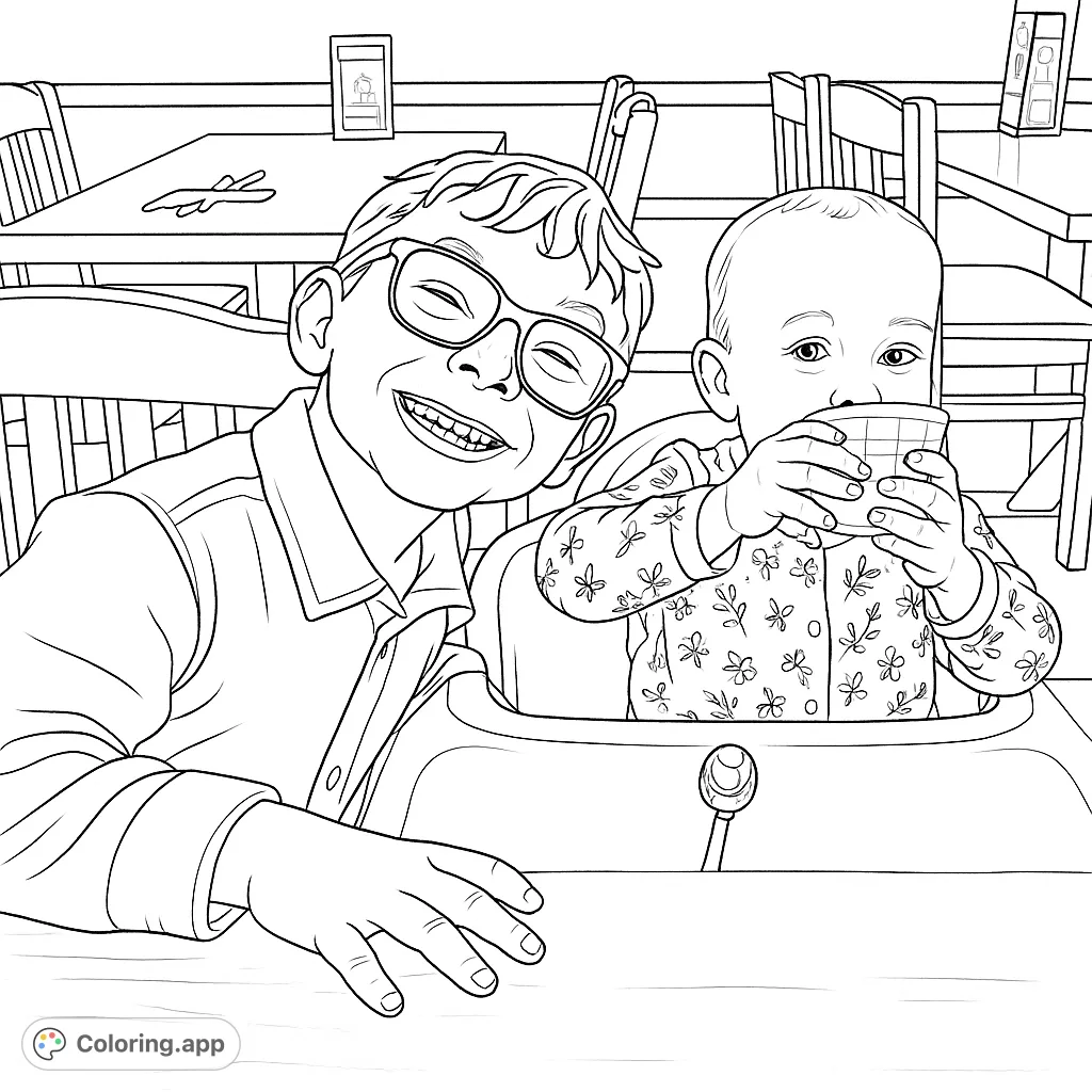 Capture a heartwarming moment of two siblings enjoying a meal together at a restaurant, with one smiling broadly and the other sipping from a cup.