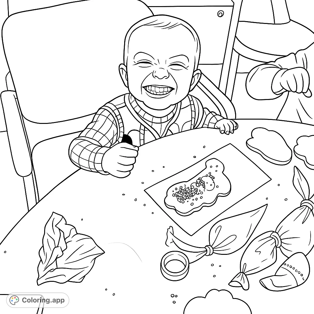 A delightful coloring page featuring a happy child in a cowboy costume, enthusiastically decorating holiday-themed cookies with sprinkles and icing bags. Perfect for festive fun!