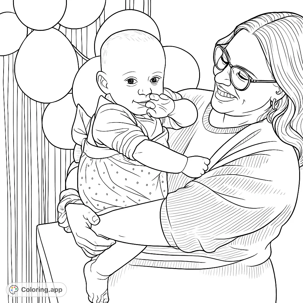 Capture a heartwarming moment of a woman holding a baby against a festive backdrop. A delightful family scene ready for creative coloring.