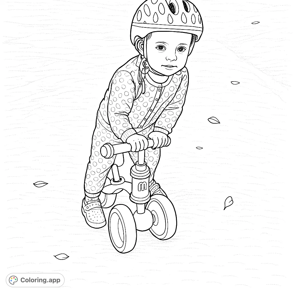 A charming toddler on a balance bike, wearing a patterned helmet and checkered outfit, ready for adventure. A fun kids coloring page!