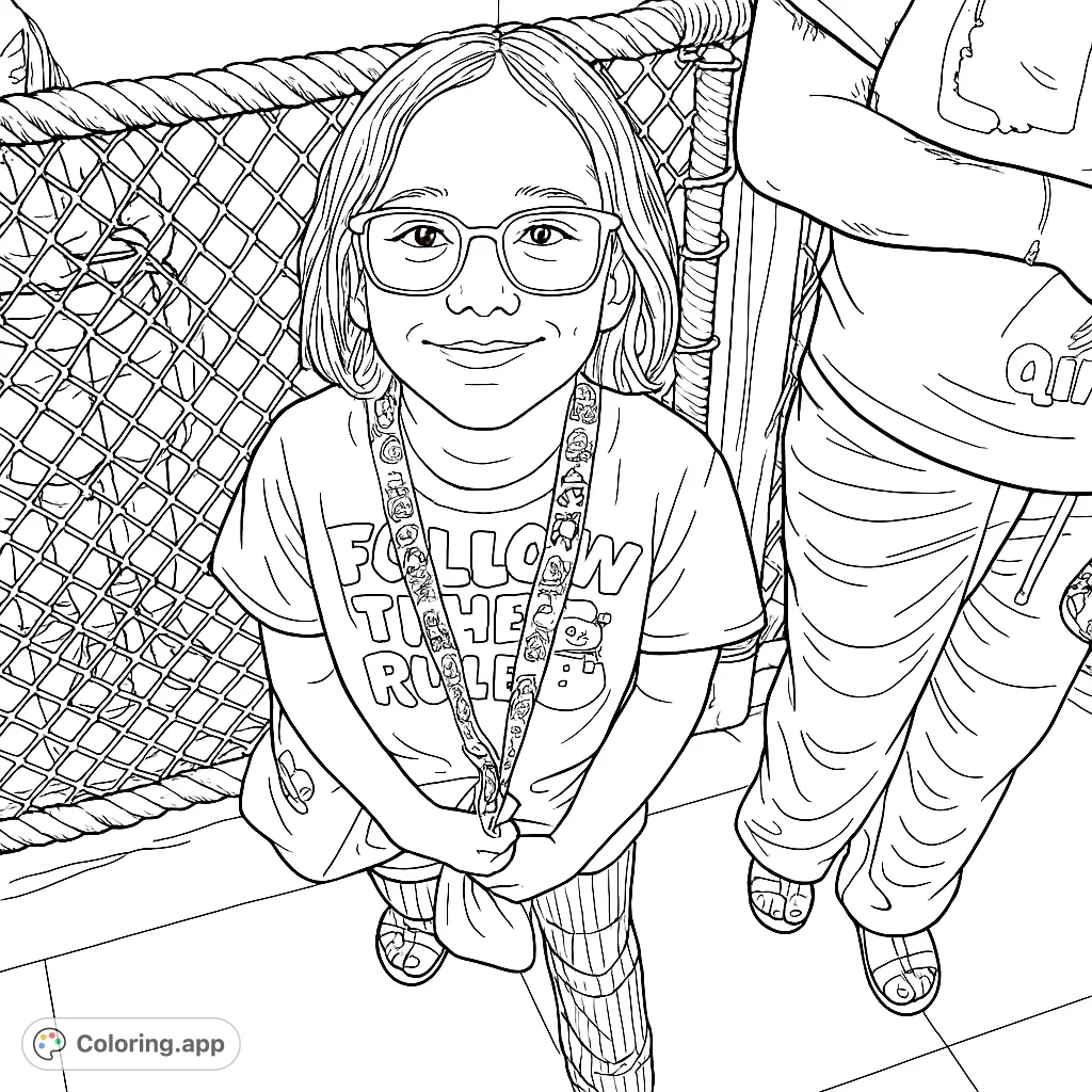 A cheerful young girl wearing eyeglasses and a fun lanyard, standing behind a rope net. Perfect for kids to customize with imagination and detail.