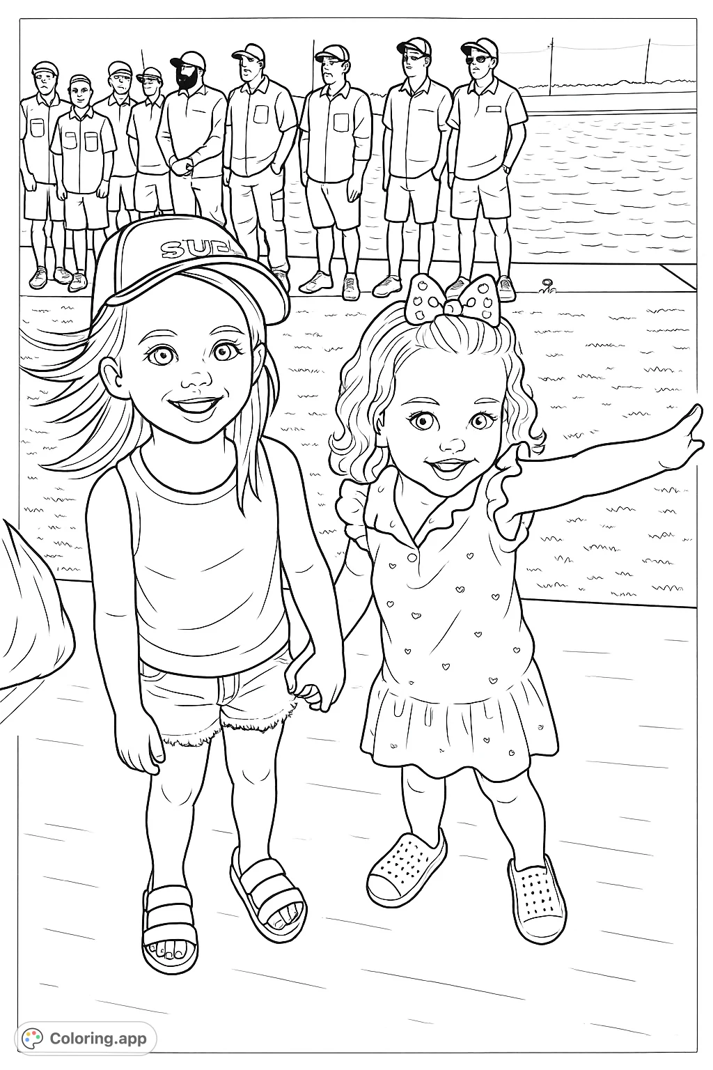 Adorable smiling girls holding hands, with a group of adults and a body of water in the background. A cheerful scene for coloring enthusiasts of all ages.