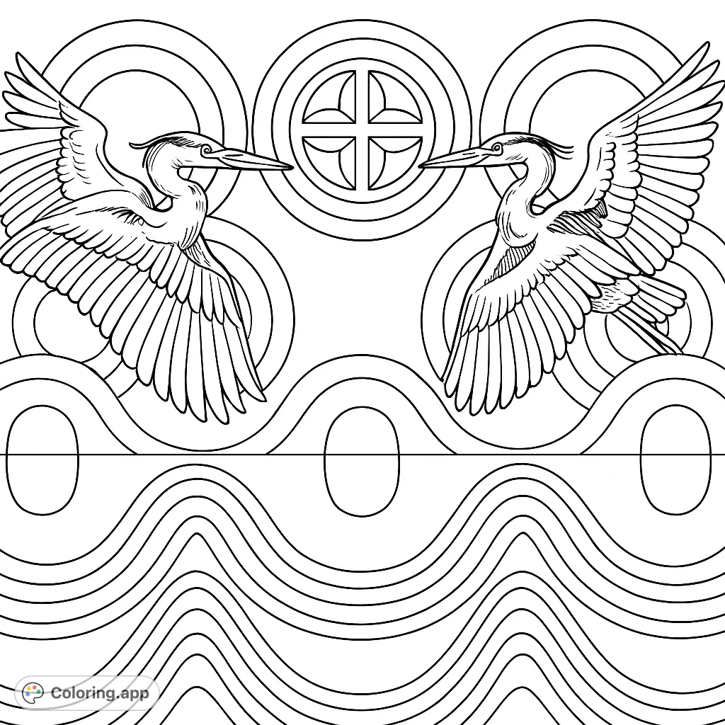 Symmetrical birds face a radiant emblem, surrounded by flowing waves and geometric patterns. A captivating design blending nature and abstract art.