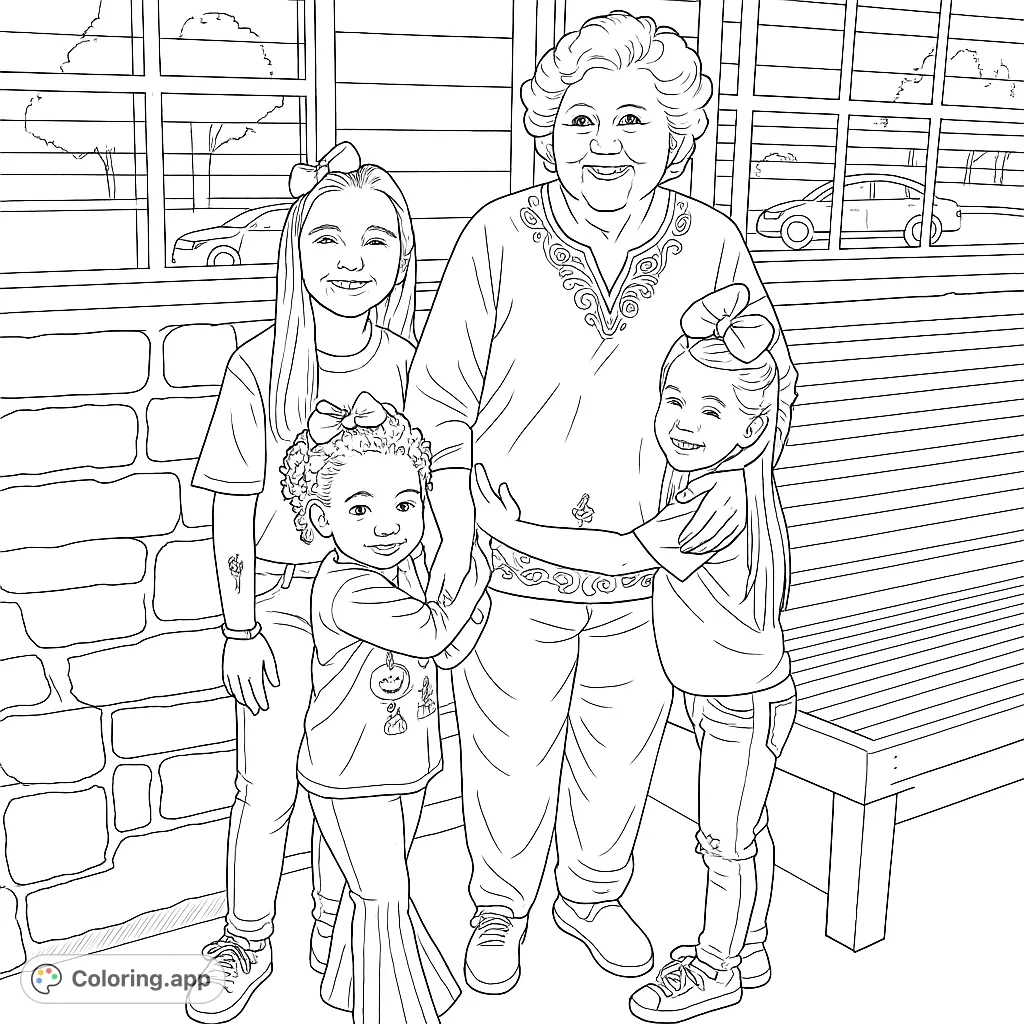 A heartwarming scene featuring an older woman surrounded by three smiling young girls. This family portrait offers a delightful opportunity for creative coloring.
