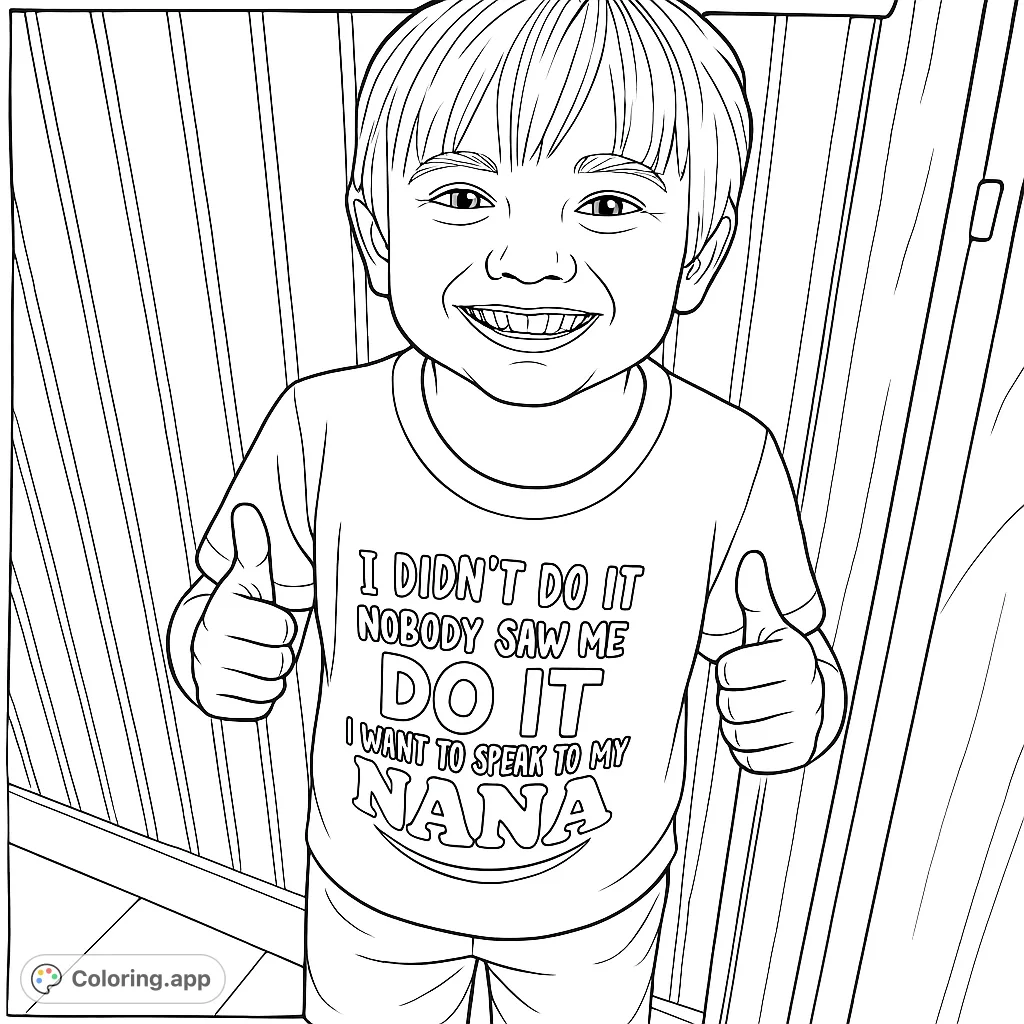 A cheerful boy with a fun 'Nana' slogan shirt gives two thumbs up, standing against a wooden background, ready for your creative touch!