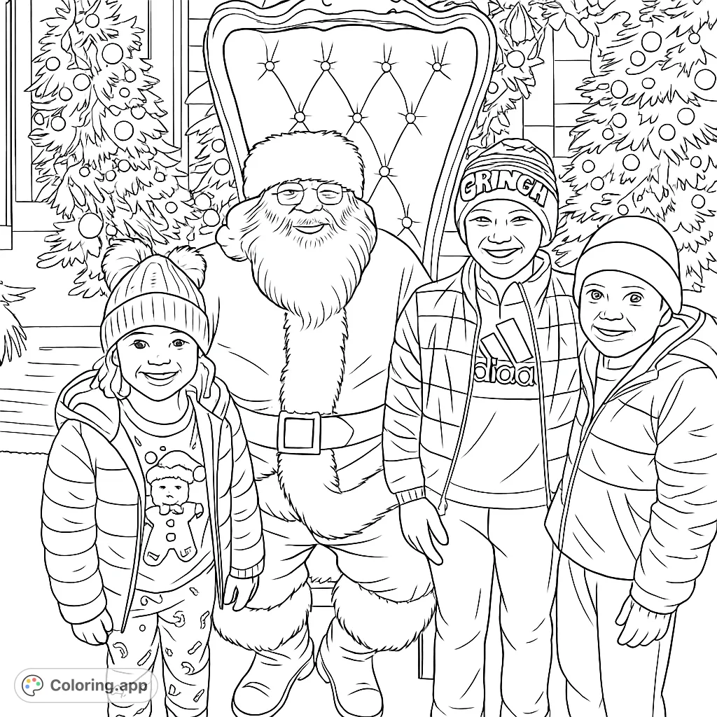 Celebrate the season with a cheerful coloring page featuring a beloved festive character surrounded by happy children, ready for your creative touch.