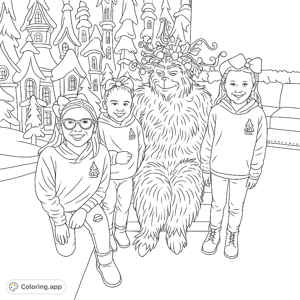 Capture holiday cheer! Three happy girls pose with a furry, festive character in a whimsical snow-covered village. A joyful scene perfect for coloring fun.