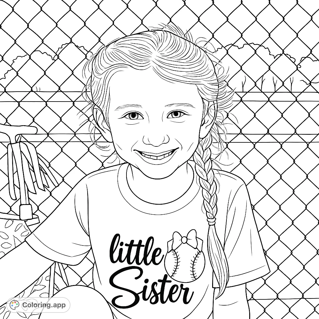 A cheerful "Little Sister" softball player smiles brightly, ready for fun on the field. This free printable is perfect for kids who love sports and siblings!