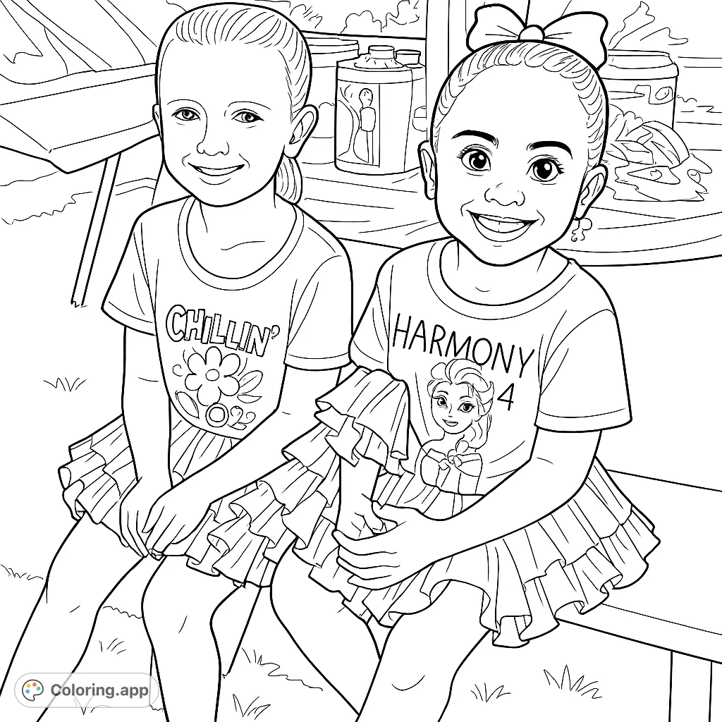 Two cheerful girls sit together, showcasing their festive attire with layered skirts and bows. A delightful scene of friendship and outdoor fun awaits your creative touch.