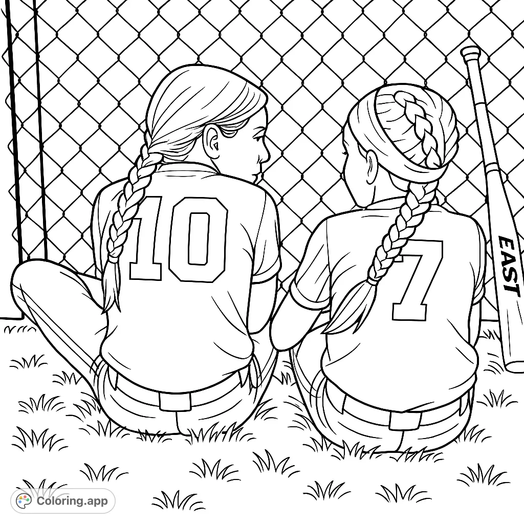 This sports coloring page features two young softball players, number 10 and 7, sitting on a grassy field by a fence, a bat leaning nearby. Perfect for team spirit.
