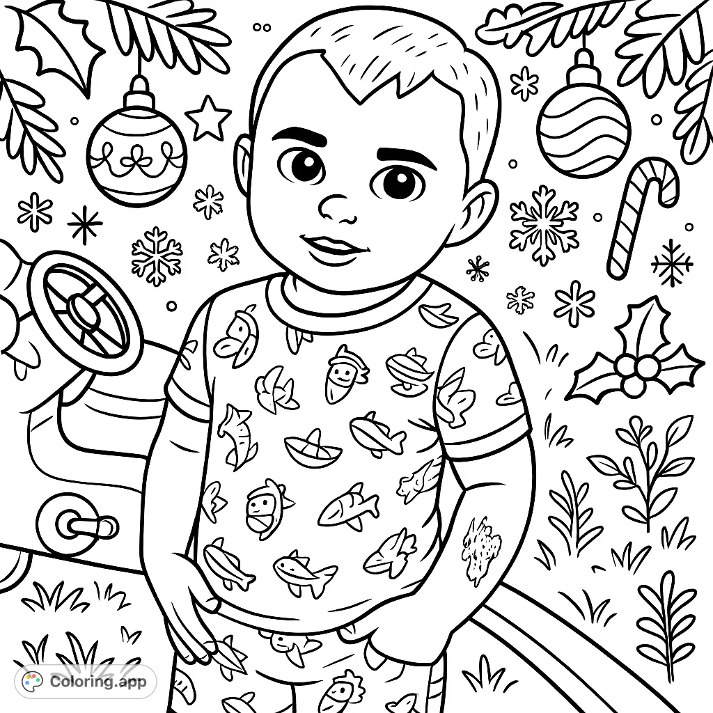 A cute child stands outdoors, wearing a fun shirt with surfboards and sharks, ready for adventure. Perfect for young colorists.