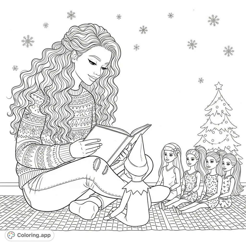 A delightful coloring page featuring a teenage girl reading a captivating story to an Elf on the Shelf and four attentive Barbie dolls in a cozy setting.