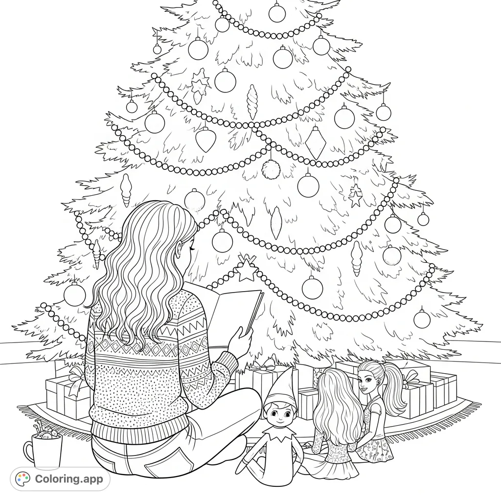 A girl reads to an Elf on the Shelf and three Barbie dolls before a festive Christmas tree. A cozy, detailed holiday scene perfect for imaginative coloring.