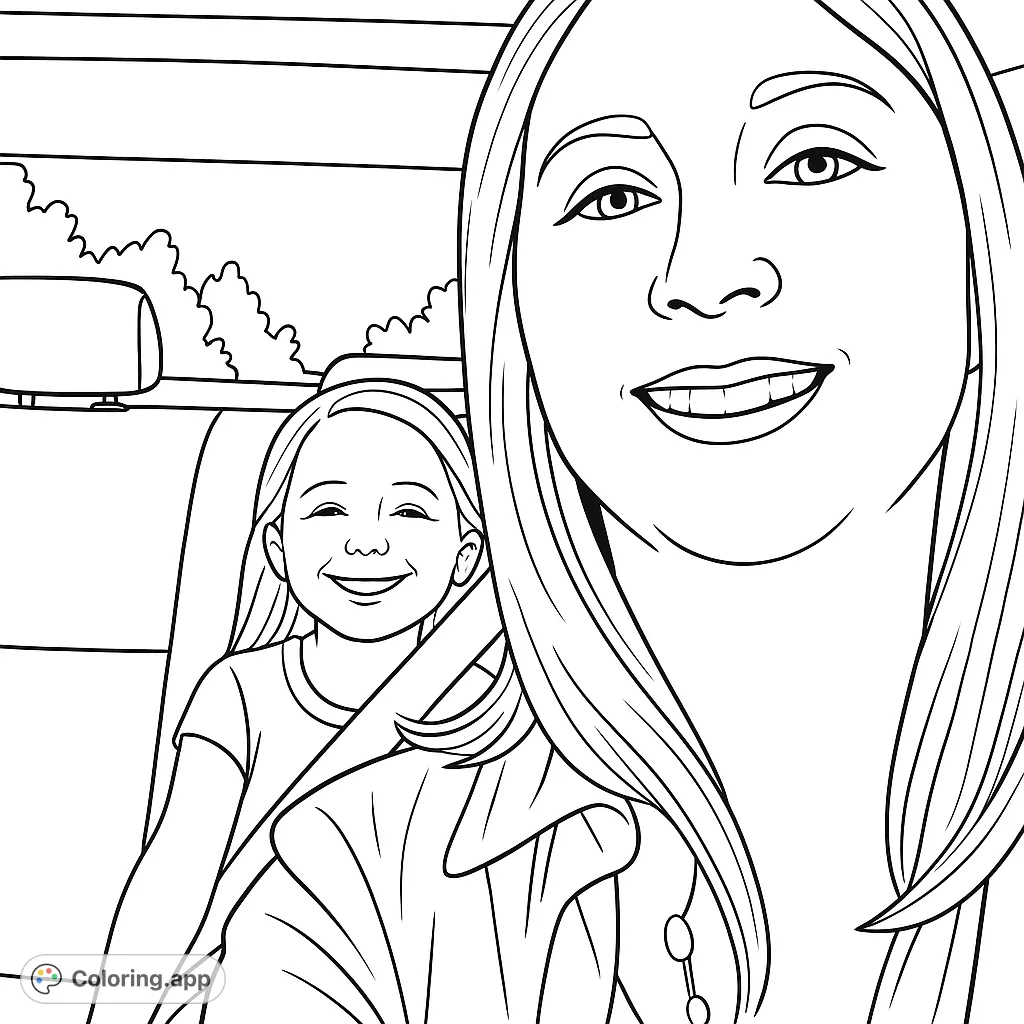 Capture the joy of a car journey with this heartwarming coloring page featuring a smiling woman in the front and a happy child in the back seat.