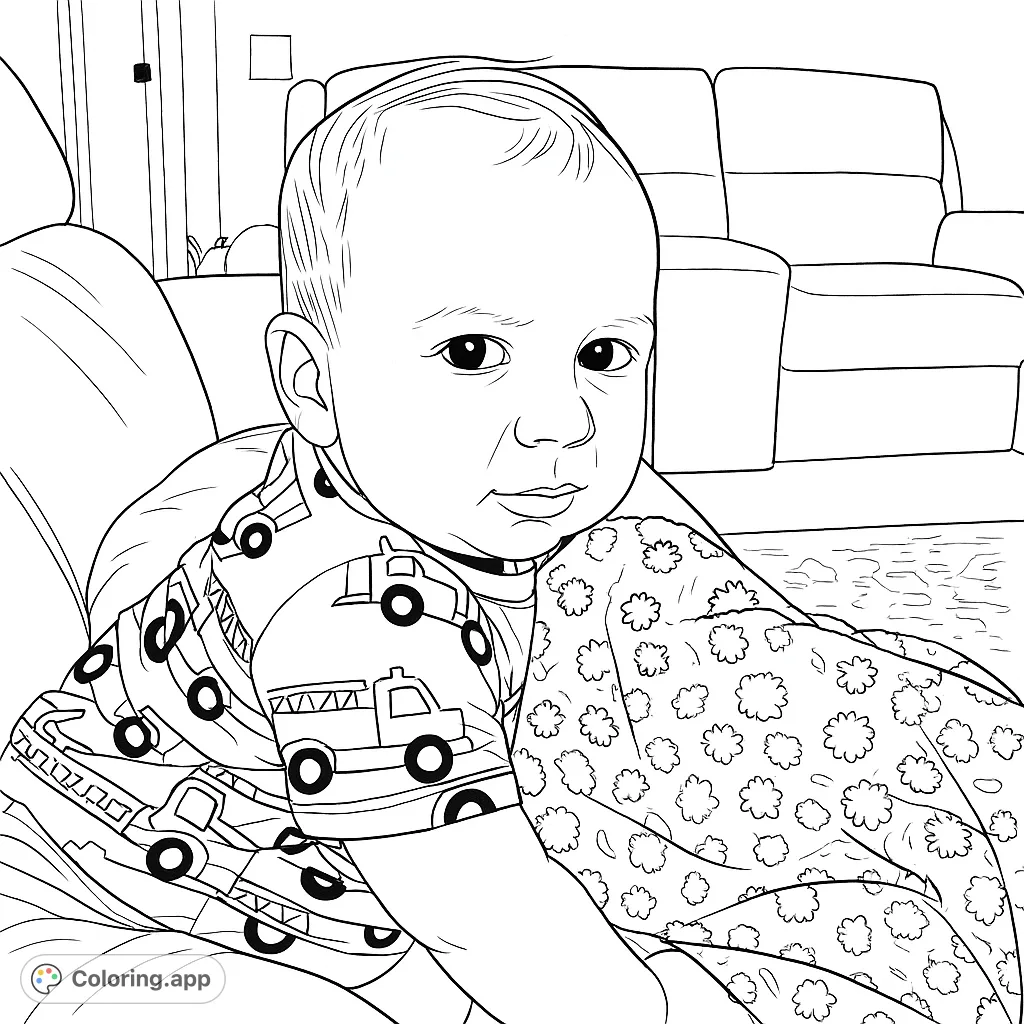 A charming baby in fire truck pajamas, nestled on a couch with a floral blanket. Perfect for a delightful and endearing coloring experience.