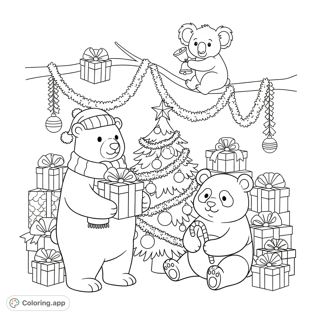 Join a polar bear, panda bear, and koala bear in a heartwarming Christmas celebration. A charming free printable coloring page for festive fun!