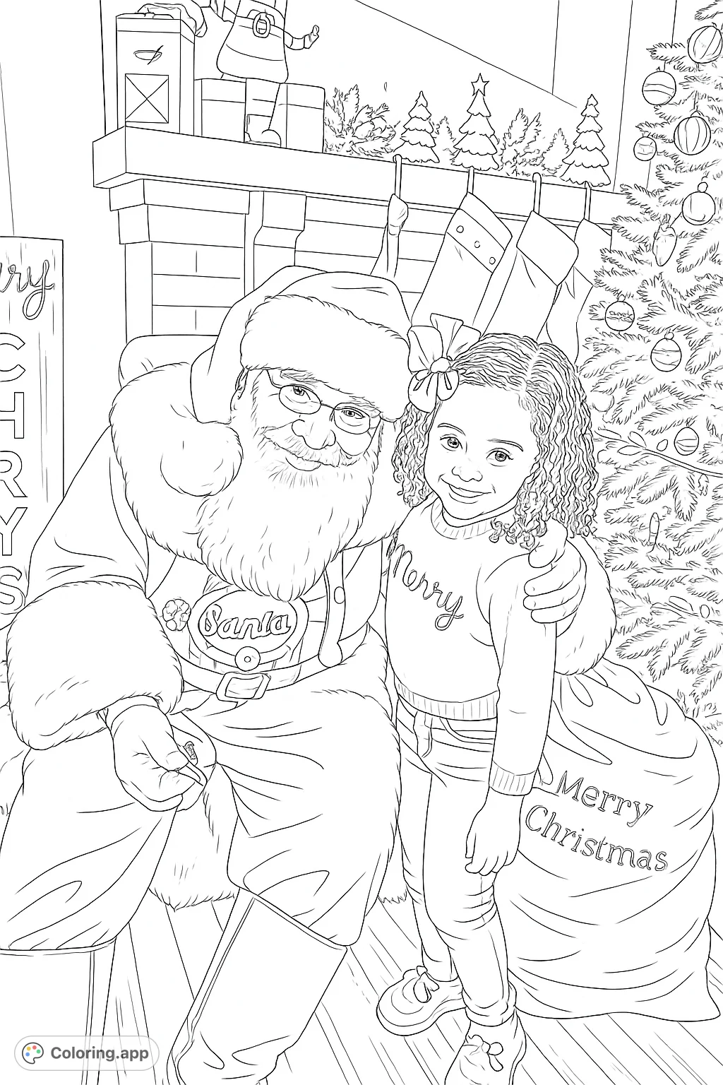 A cheerful Santa Claus sits with a smiling child, surrounded by festive decorations including a Christmas tree and a decorated mantel.