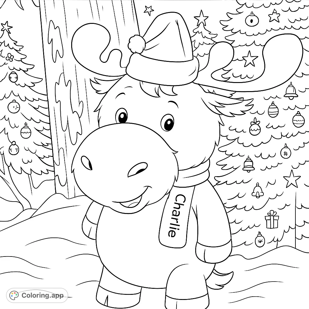 A cheerful moose in a Santa hat and scarf stands in a snowy forest with decorated evergreen trees, ready for holiday fun. Perfect for festive coloring!