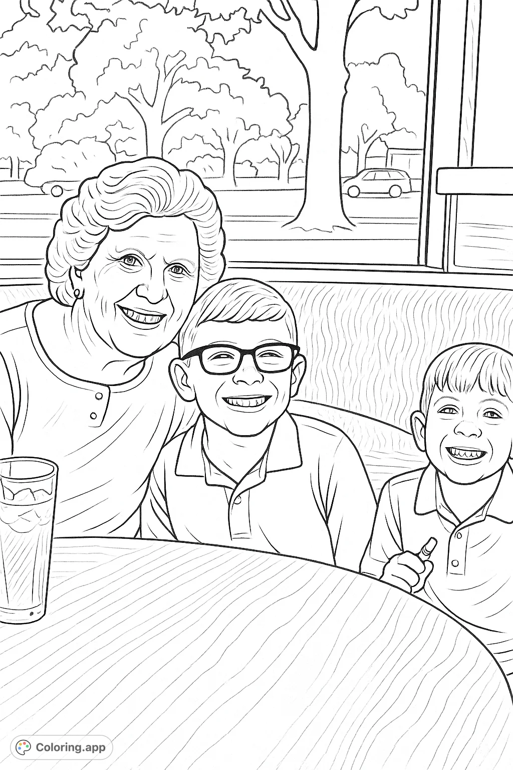 Capture a heartwarming scene of family togetherness with an older woman and two smiling boys seated at a table. A perfect intergenerational portrait for coloring.