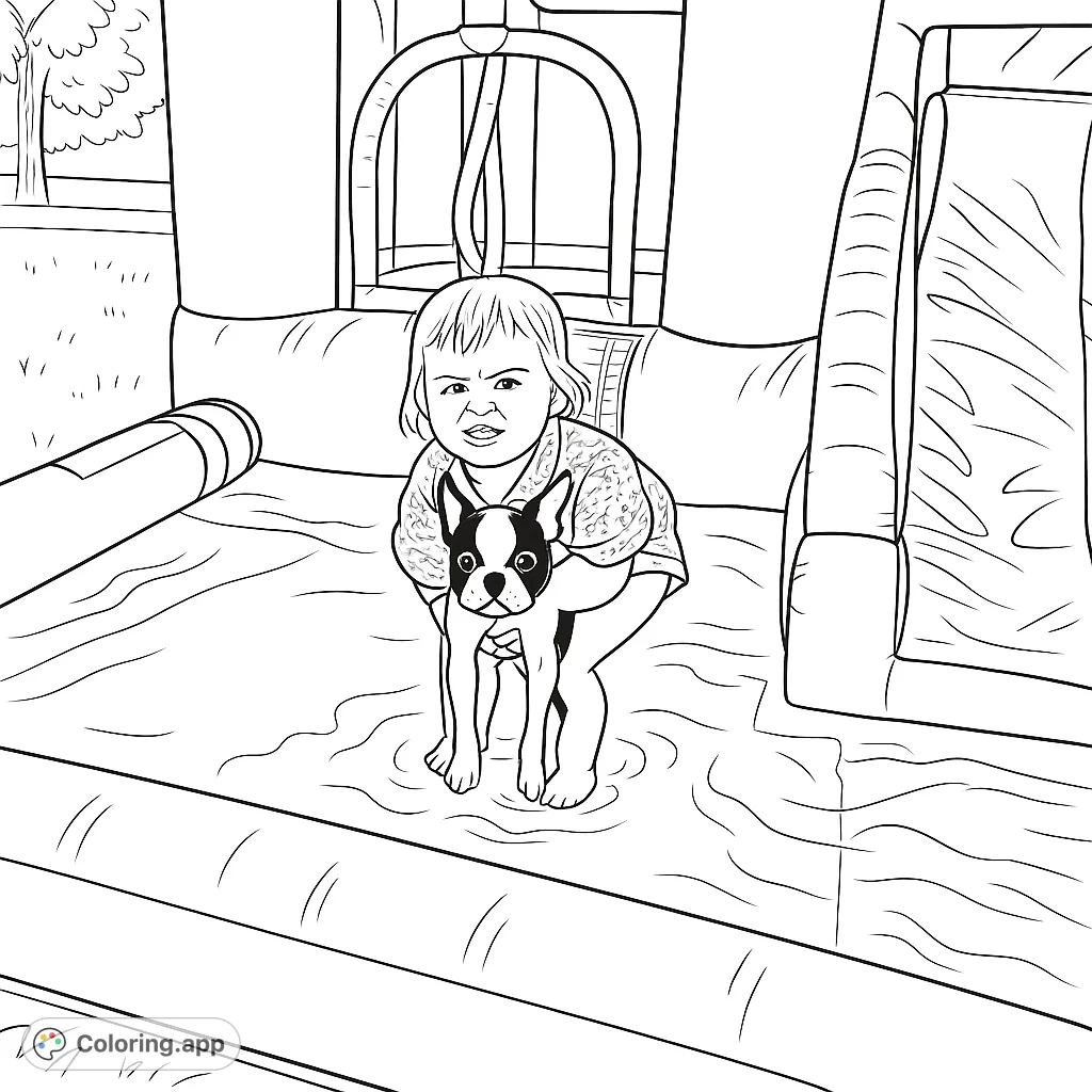A joyful child and an adorable puppy enjoy a splash in an inflatable pool next to a bounce house. A heartwarming scene of friendship and summer fun awaits your creative touch.