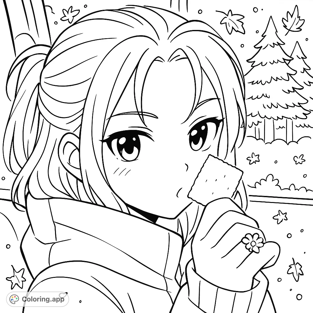 A playful anime-inspired portrait of a person holding a cracker to their nose, with winter elements in the background. A simple and fun coloring page for all ages.