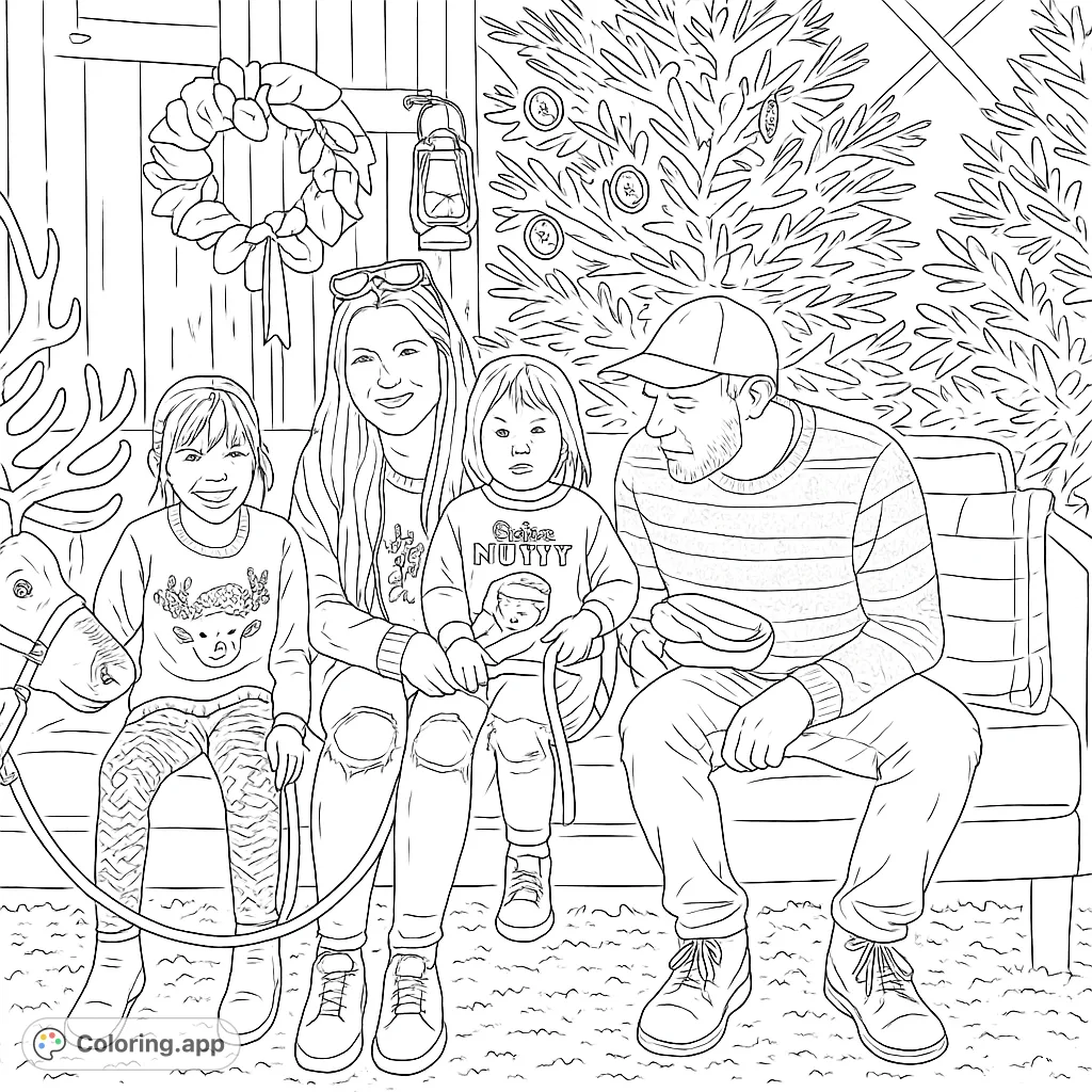 A heartwarming festive scene with a family, a friendly reindeer, and holiday decor, perfect for coloring fun and celebrating family bonds.