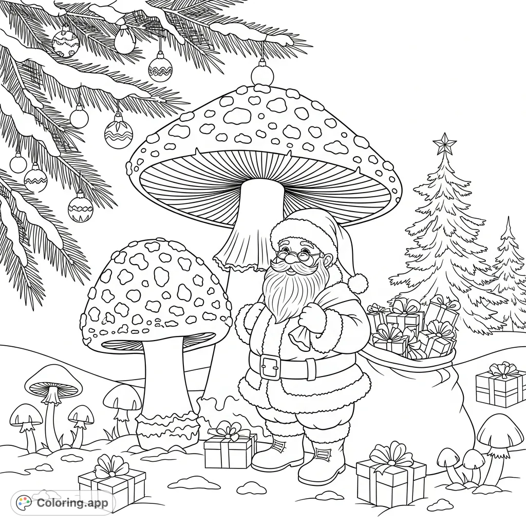 A festive Christmas coloring page featuring Santa Claus with a large, magical Amanita mushroom, surrounded by snow-dusted pine trees and presents.